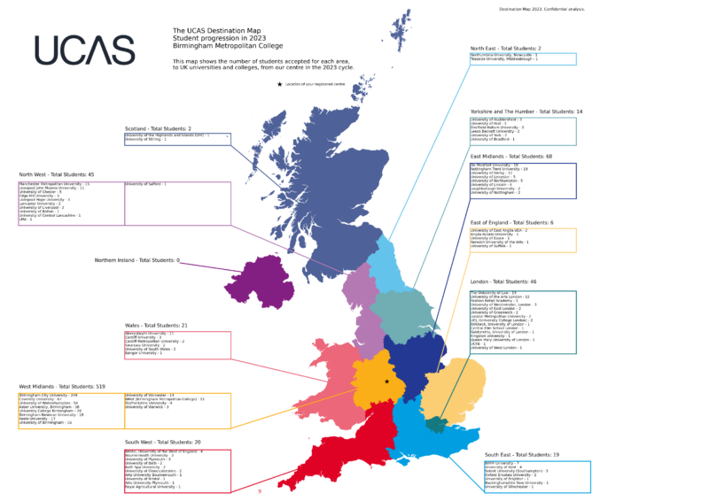 UCAS Destination Map. Student progression in 2023. Birmingham Metropolitan College.